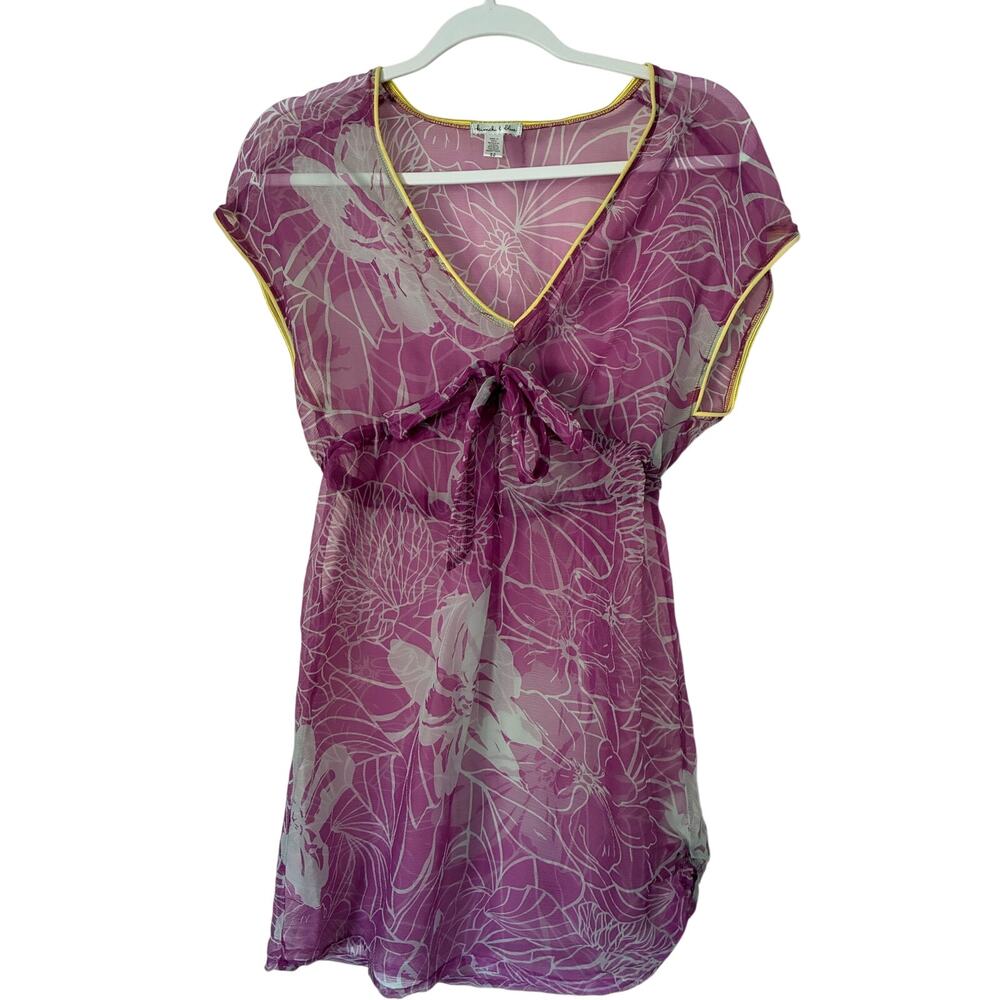 Kimchi & Blue Magenta Pink Silk Sheer Floral Short Sleeve Swim Cover Up Size XS